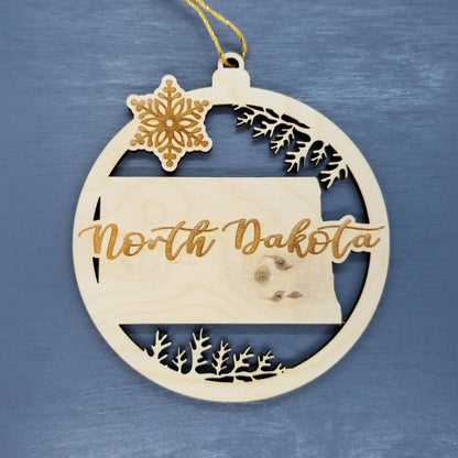 Wholesale North Dakota Wood Ornament -  ND State Shape with Snowflakes Cutout - Wood Souvenir