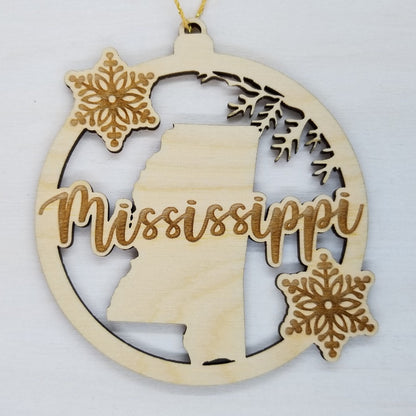 Wholesale Mississippi Wood Ornament -  MS State Shape with Snowflakes Cutout - Wood Souvenir