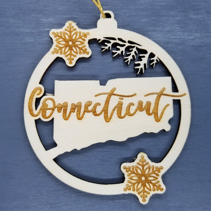 Wholesale Connecticut Wood Ornament - CT State Shape with Snowflakes Cutout Wood Souvenir