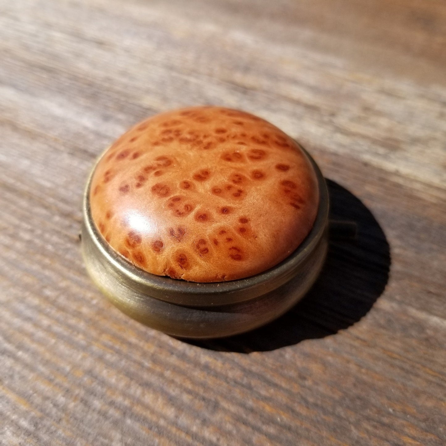 Handmade Pill Box 3 Sections California Redwood Burl Top #415 Souvenir Memento Rustic Antique Bronze