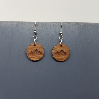 Wood Earrings - Mountain Engraved Wood Earrings - Dangle Earrings - Souvenir Keepsake - Anniversary Gift