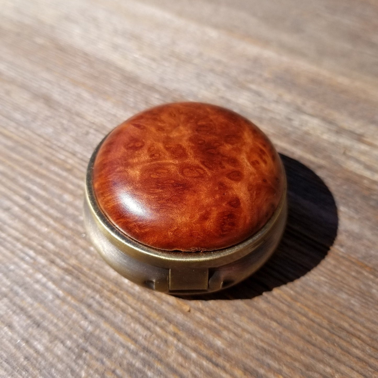 California Redwood Pill Box 3 Sections Handmade Top Burl Wood Souvenir Memento Mothers Day Gift Antique Bronze #407