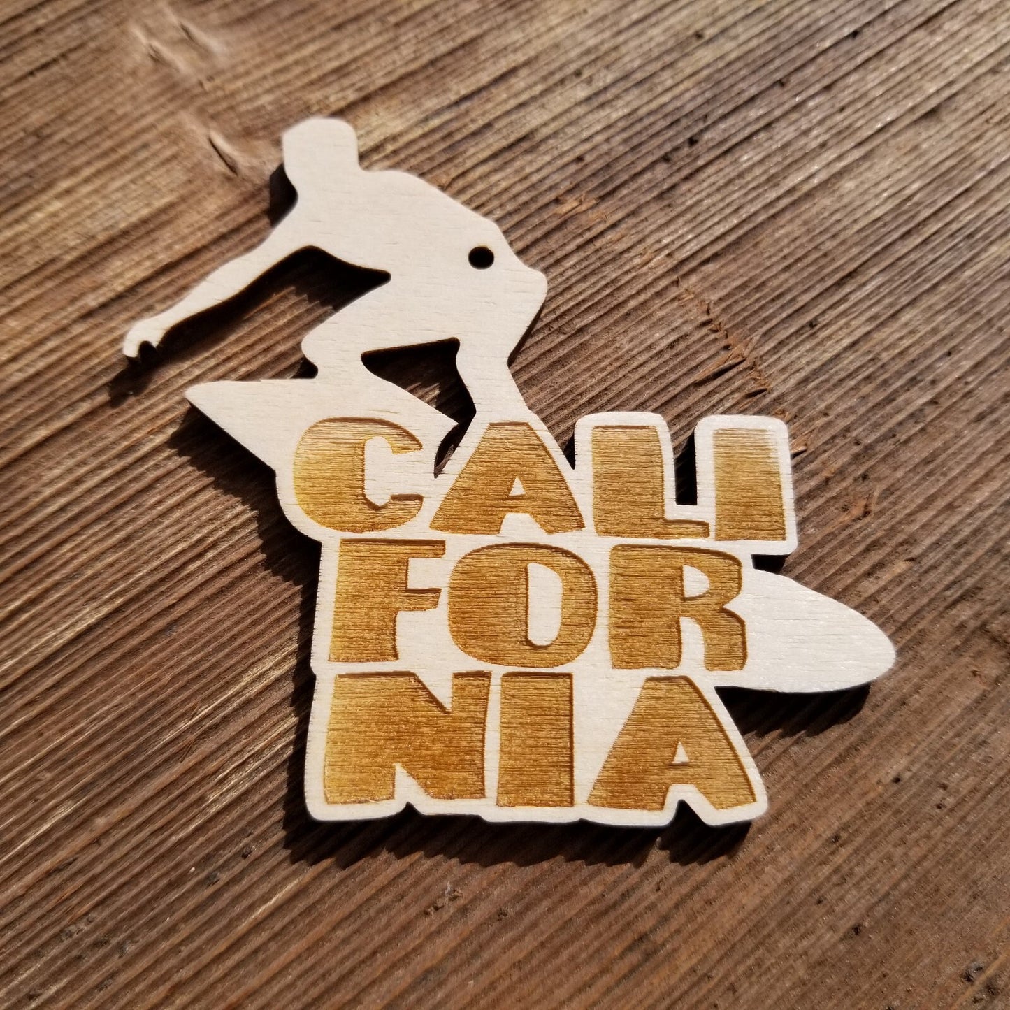 California Surfer Surfing Christmas Ornament Handmade Wood Ornament Made in USA Laser Cut Cutout Shape CA Surfboard Souvenir