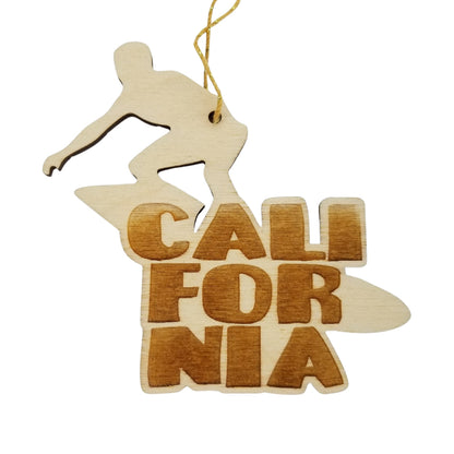 California Surfer Surfing Christmas Ornament Handmade Wood Ornament Made in USA Laser Cut Cutout Shape CA Surfboard Souvenir