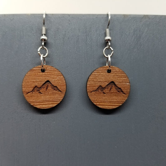 Redwood Earrings - Mountain Engraved Wood Earrings - California Redwood Dangle Earrings - CA Souvenir Keepsake - Anniversary Gift