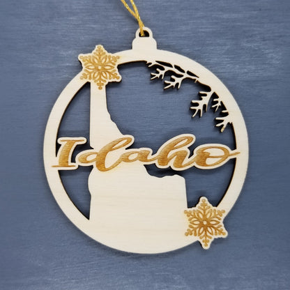 Wholesale Idaho Wood Ornament -  ID State Shape with Snowflakes Cutout - Wood Souvenir