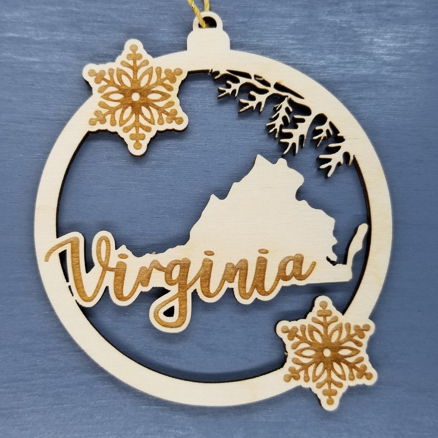 Virginia Wood Ornament -  VA State Shape with Snowflakes Cutout - Handmade Wood Ornament Made in USA Christmas Decor