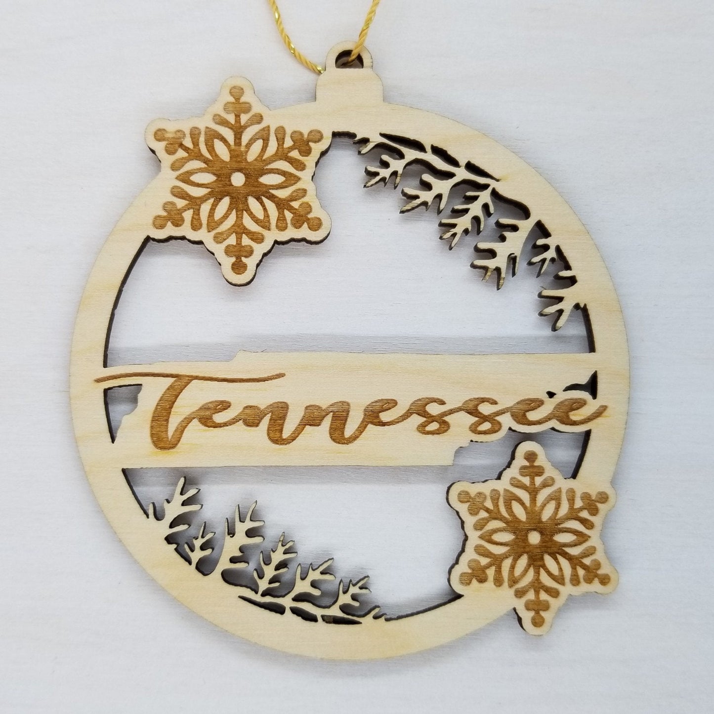 Tennessee Wood Ornament -  TN State Shape with Snowflakes Cutout - Handmade Wood Ornament Made in USA Christmas Decor