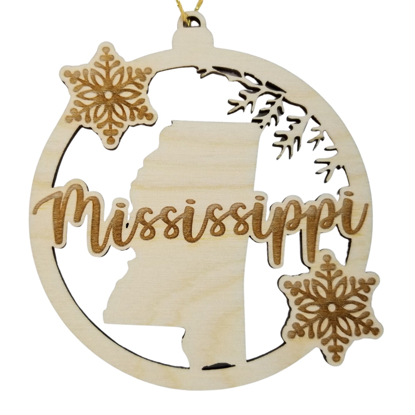 Wholesale Mississippi Wood Ornament -  MS State Shape with Snowflakes Cutout - Wood Souvenir