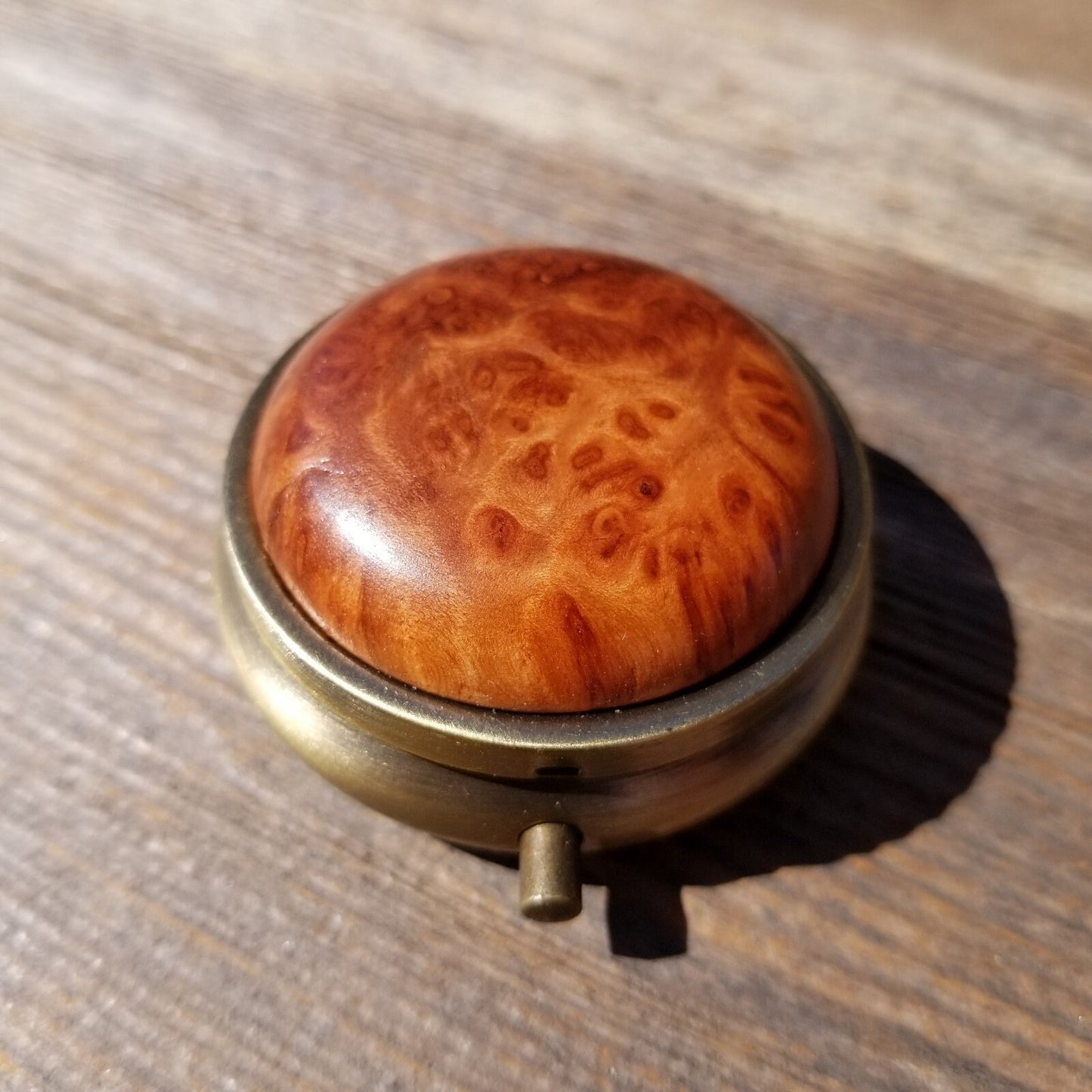 Redwood Pill Box 3 Sections Handmade Top California Burl #421 Souvenir Memento Mothers Day Gift Antique Bronze