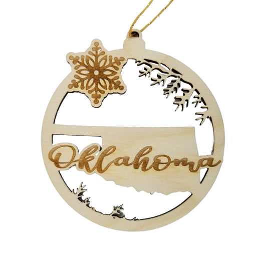 Wholesale Oklahoma Wood Ornament -  State Shape with Snowflakes OK Cutout - Wood Souvenir