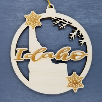 Wholesale Idaho Wood Ornament -  ID State Shape with Snowflakes Cutout - Wood Souvenir