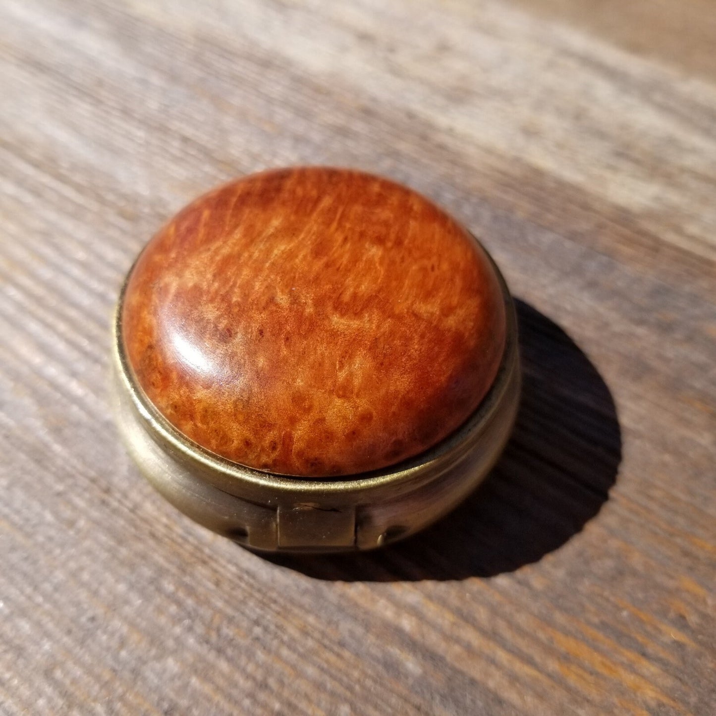 Wood Pill Box 3 Sections Handmade Top California Redwood Burl #410 Souvenir Memento Mothers Day Gift Antique Bronze