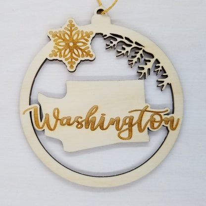 Washington Wood Ornament -  WA State Shape with Snowflakes Cutout - Handmade Made in USA Christmas Decor