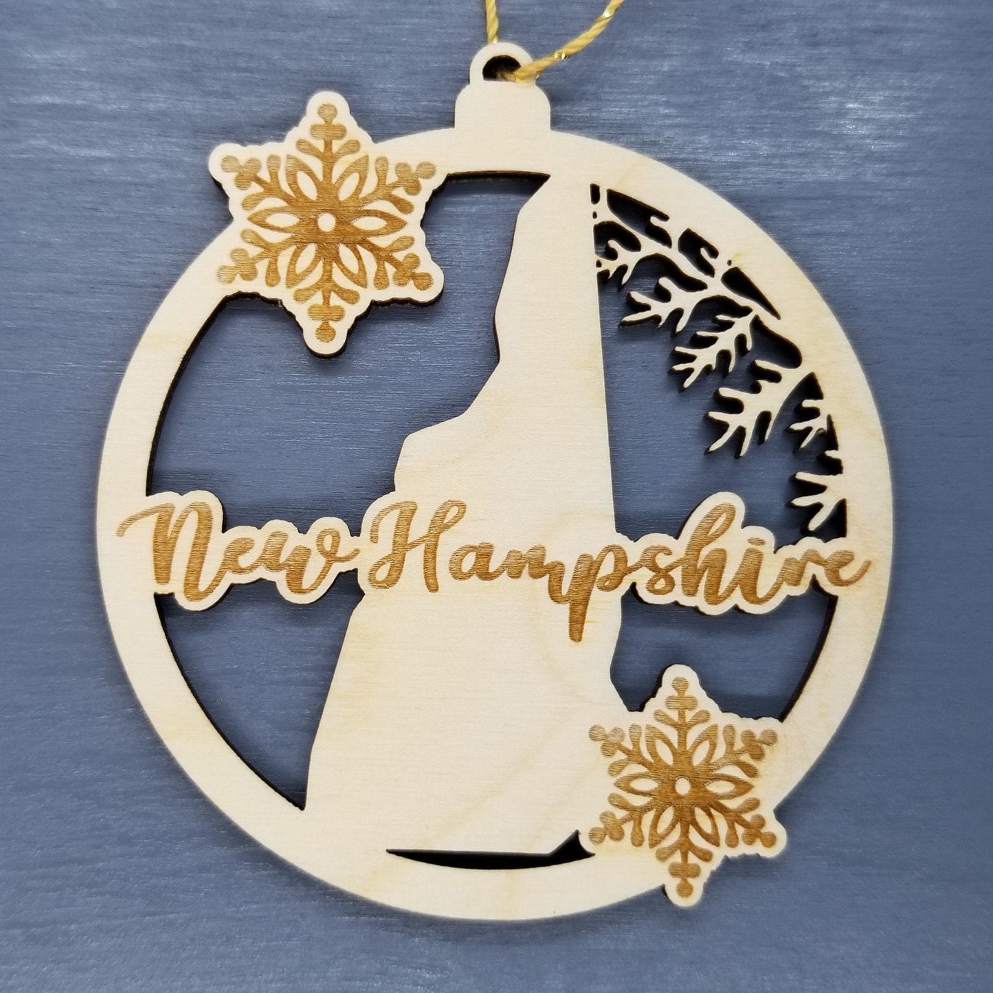 Wholesale New Hampshire Wood Ornament -  NH State Shape with Snowflakes Cutout - Wood Souvenir