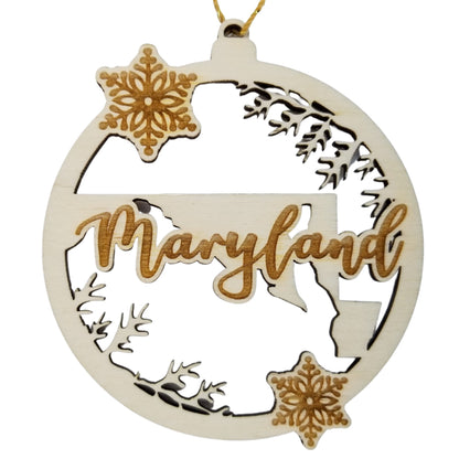 Wholesale Maryland Wood Ornament -  State Shape with Snowflakes Cutout MD - Wood Souvenir