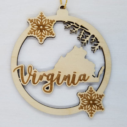 Virginia Wood Ornament -  VA State Shape with Snowflakes Cutout - Handmade Wood Ornament Made in USA Christmas Decor