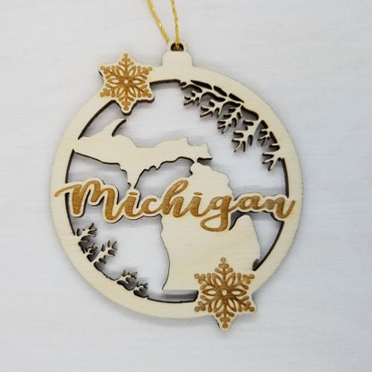 Wholesale Michigan Wood Ornament -  MI State Shape with Snowflakes Cutout - Wood Souvenir