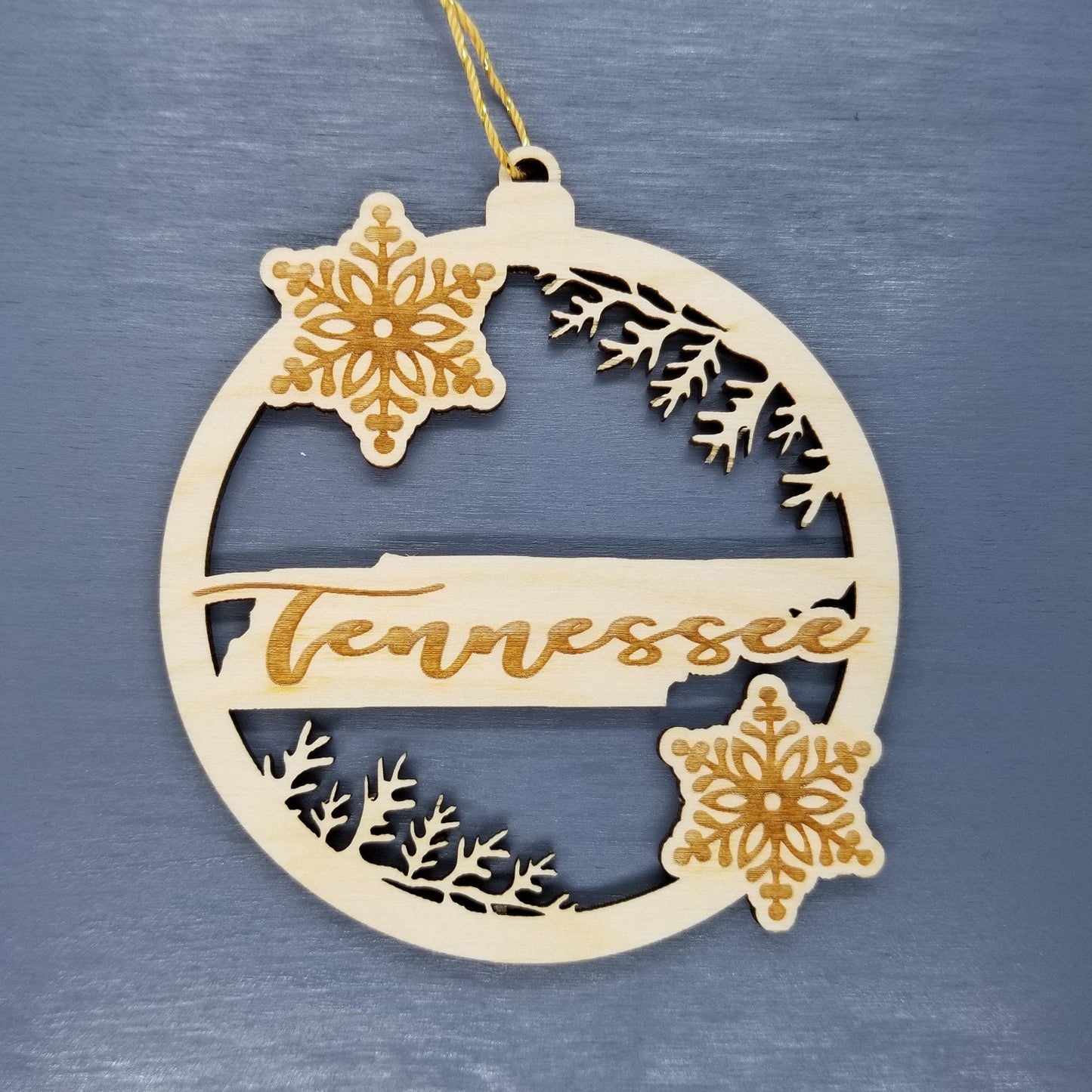 Tennessee Wood Ornament -  TN State Shape with Snowflakes Cutout - Handmade Wood Ornament Made in USA Christmas Decor