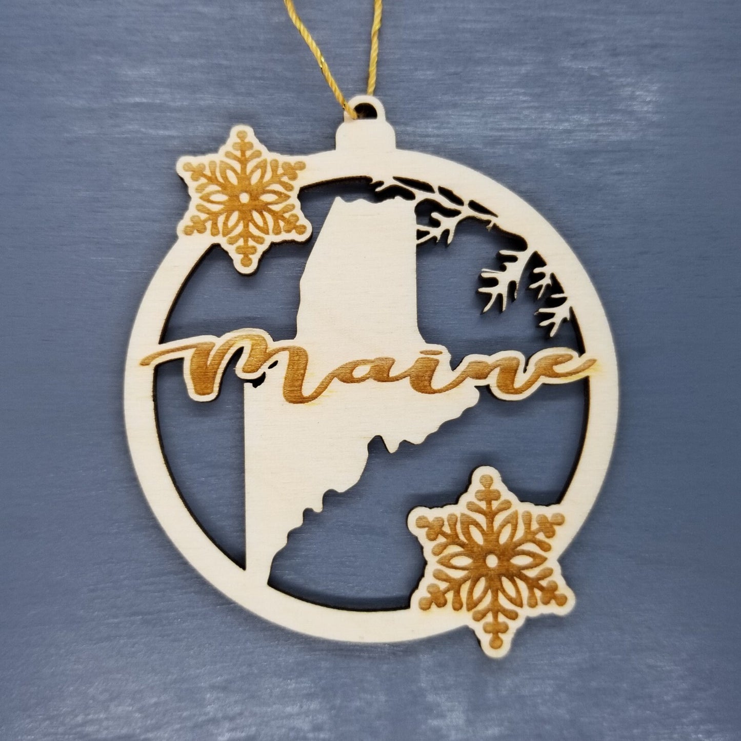 Wholesale Maine Wood Ornament -  State Shape with Snowflakes Cutout ME - Wood Souvenir