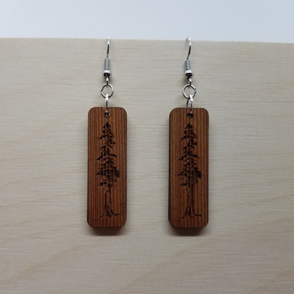 Redwood Earrings - Engraved Tree Rectangle Wood Earrings - California Redwood Dangle Earrings - CA Souvenir Keepsake - Anniversary Gift