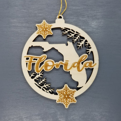 Wholesale Florida Wood Ornament -  FL State Shape with Snowflakes Cutout - Wood Souvenir