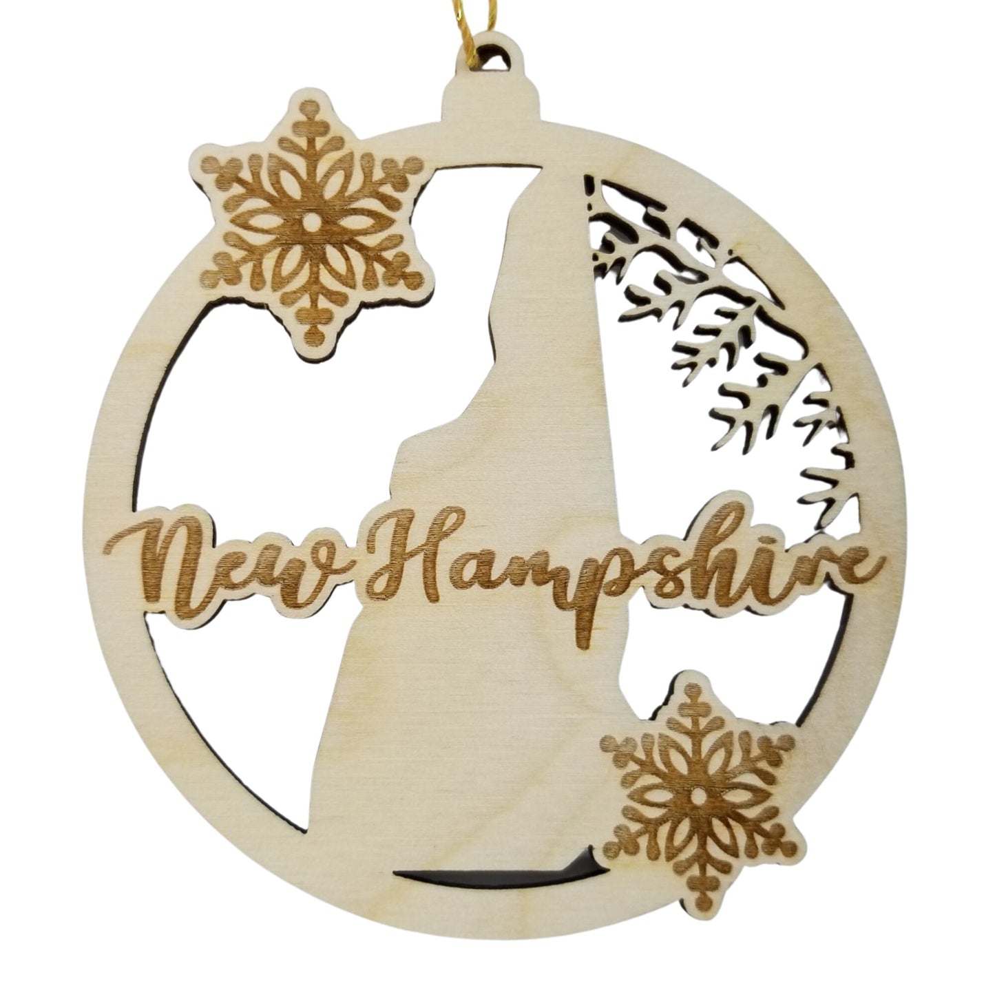 Wholesale New Hampshire Wood Ornament -  NH State Shape with Snowflakes Cutout - Wood Souvenir