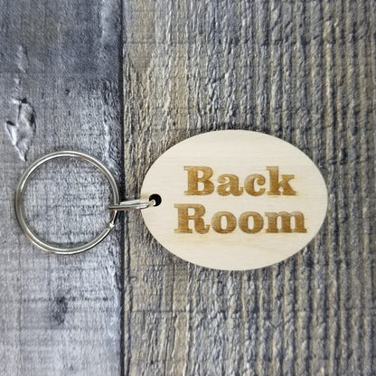 Back Room Wood Keychain Key Ring Keychain Gift - Key Chain Key Tag Key Ring Key Fob - Back Room Text Key Marker