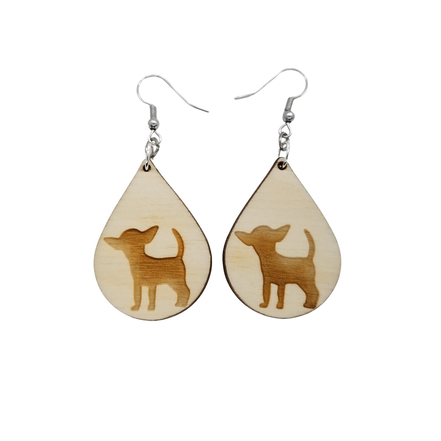 Wood Earrings - Chihuahua Puppy Dog Engraved Teardrop Wood Earrings - Dangle Earrings - Gift