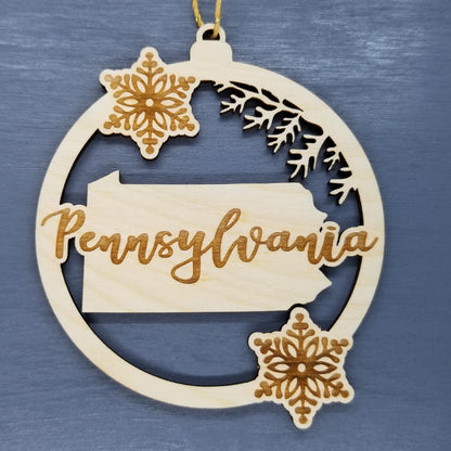 Wholesale Pennsylvania Wood Ornament -  PA State Shape with Snowflakes Cutout - Wood Souvenir