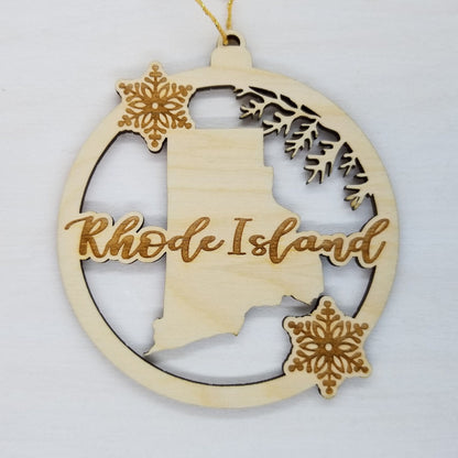 Wholesale Rhode Island Wood Ornament -  State Shape with Snowflakes Cutout RI - Wood Souvenir