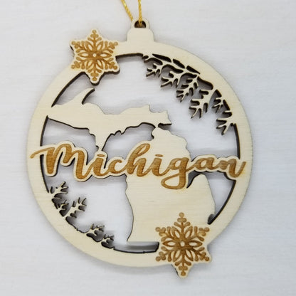 Wholesale Michigan Wood Ornament -  MI State Shape with Snowflakes Cutout - Wood Souvenir