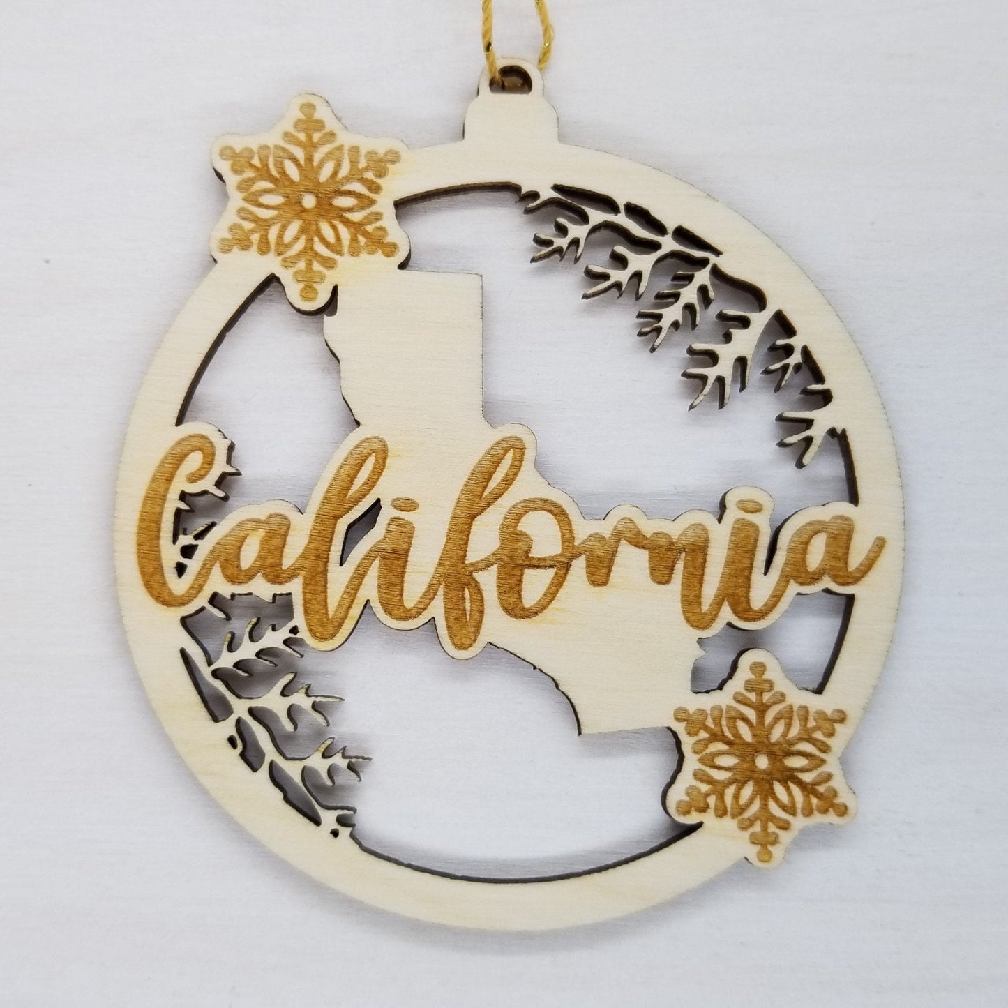 California Wood Ornament -  CA State Shape with Snowflakes Cutout - Handmade Wood Ornament Made in USA Christmas Decor