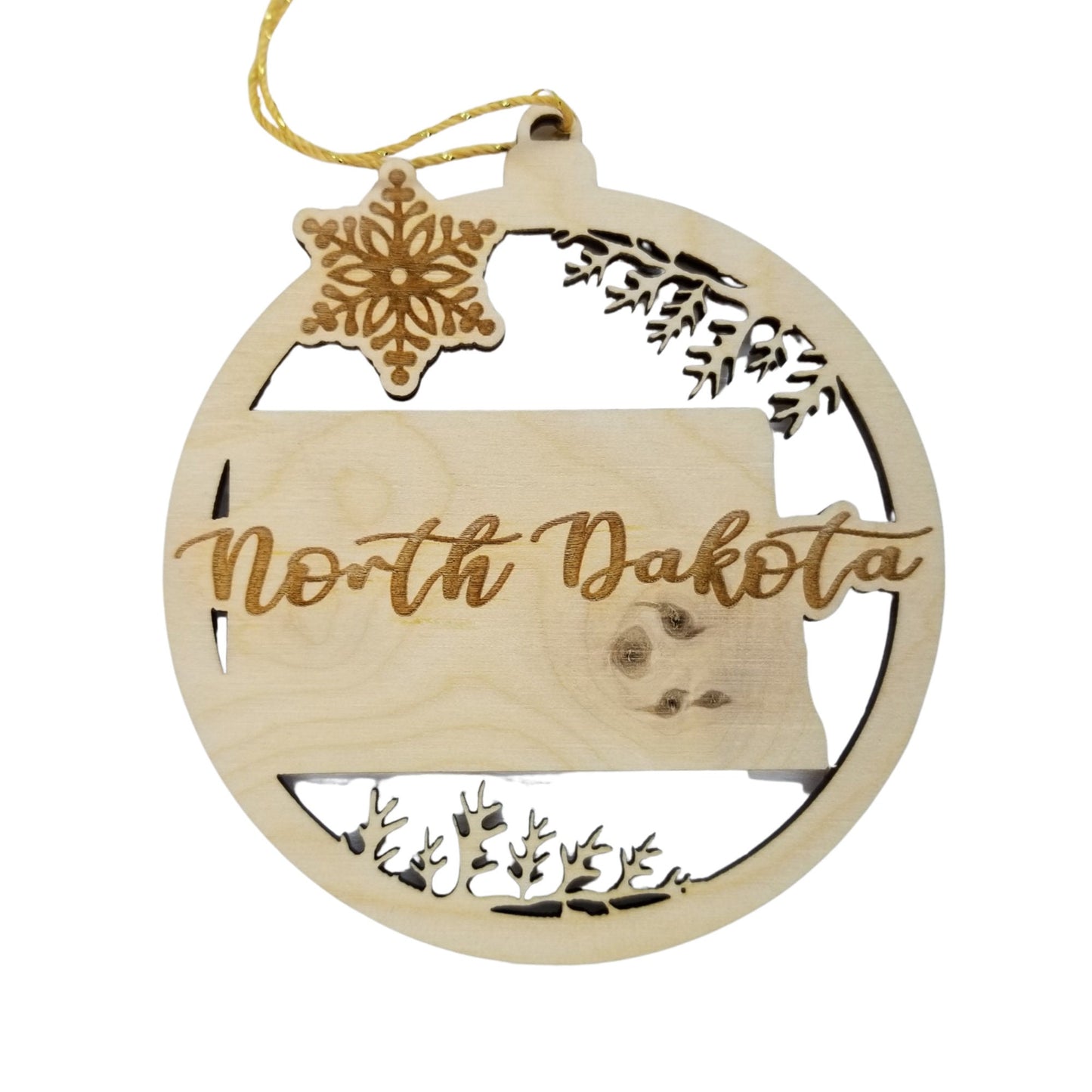 Wholesale North Dakota Wood Ornament -  ND State Shape with Snowflakes Cutout - Wood Souvenir