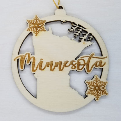 Wholesale Minnesota Wood Ornament -  MN State Shape with Snowflakes Cutout - Wood Souvenir