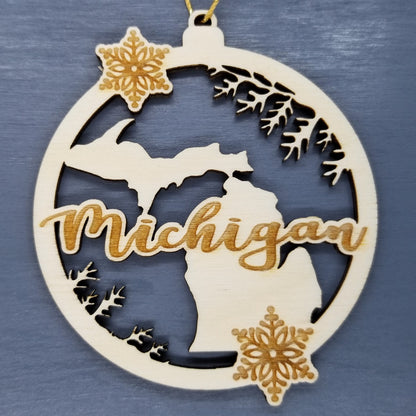 Wholesale Michigan Wood Ornament -  MI State Shape with Snowflakes Cutout - Wood Souvenir