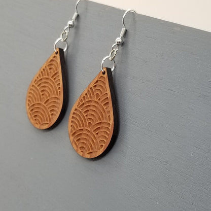 Redwood Earrings - Engraved Teardrop Wood Earrings - California Redwood Dangle Earrings - CA Souvenir Keepsake - Anniversary Gift