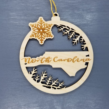 Wholesale North Carolina Wood Ornament -  NC State Shape with Snowflakes Cutout - Wood Souvenir