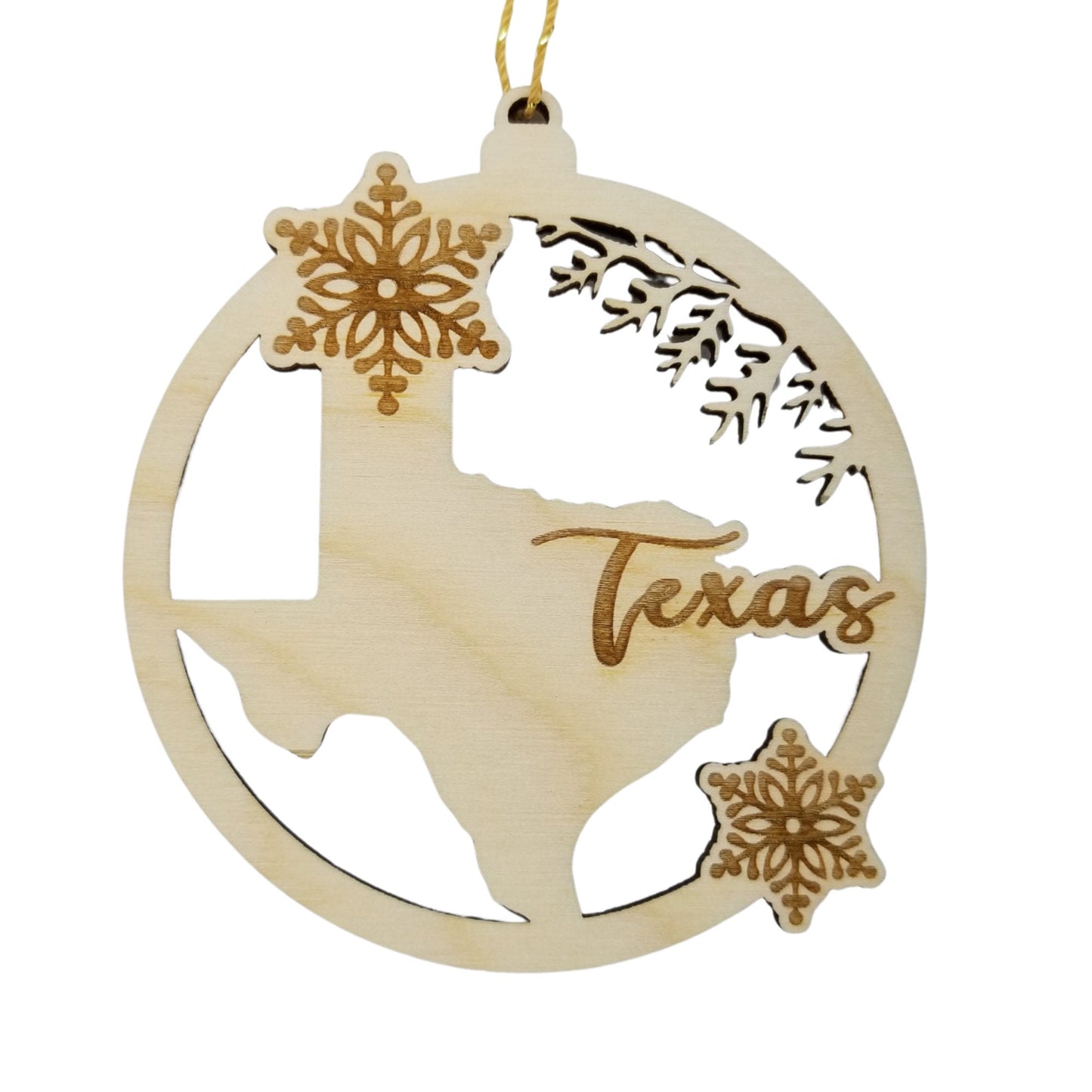 Texas Wood Ornament -  TX State Shape with Snowflakes Cutout - Handmade Wood Ornament Made in USA Christmas Decor