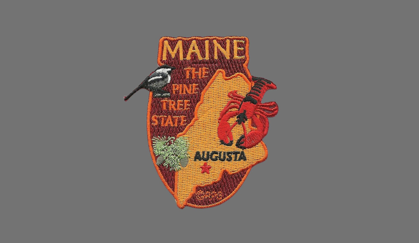 Maine Patch – State Travel Patch ME Souvenir Embellishment or Applique 3" The Pine Tree State Augusta Capital Iron On Black Capped Chickadee