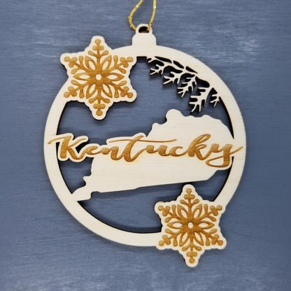 Wholesale Kentucky Wood Ornament -  KY State Shape with Snowflakes Cutout - Wood Souvenir