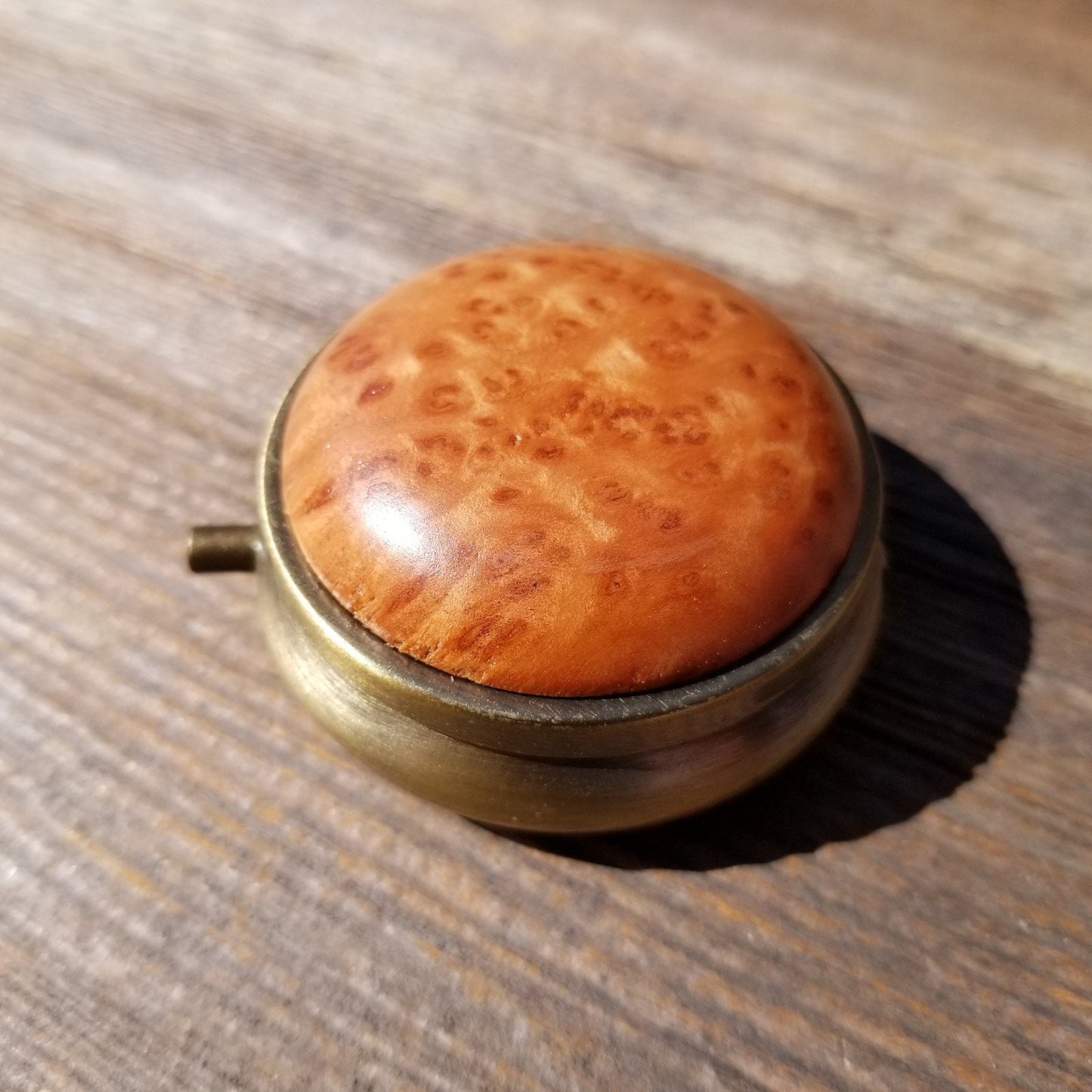 Handmade Pill Box 3 Sections California Redwood Burl Top #415 Souvenir Memento Rustic Antique Bronze