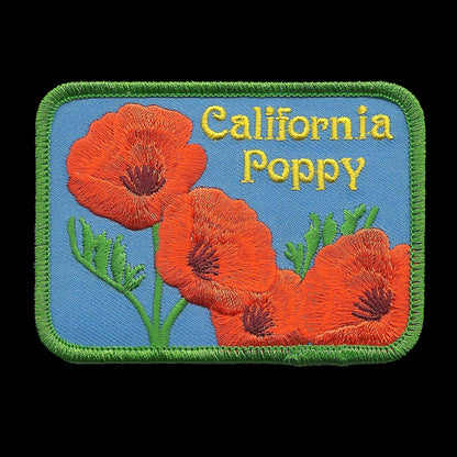 California Poppy Patch State Flower Embroidered Souvenir Rectangle 3.5" Iron On Badge Emblem Applique