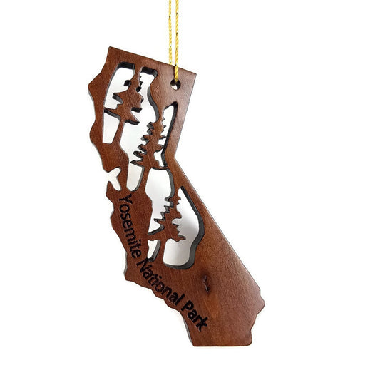 Yosemite National Park California State Shape Souvenir Christmas Ornament California Redwood Laser Cut Handmade Wood Ornament Made in USA