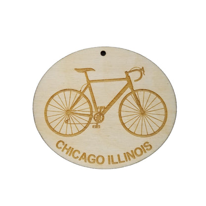 Chicago Illinois Wood Ornament - Mens Bike or Bicycle - Handmade Wood Ornament Made in USA Christmas Decor Windy City