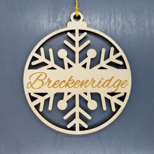 Breckenridge Ornament Handmade Wood Ornament Colorado Souvenir CO Mountain Resort Ski Skiing Skier Gift Snowflake