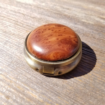 California Burl  Handmade Pill Box 3 Sections Redwood Top Souvenir Memento Rustic Antique Bronze #419