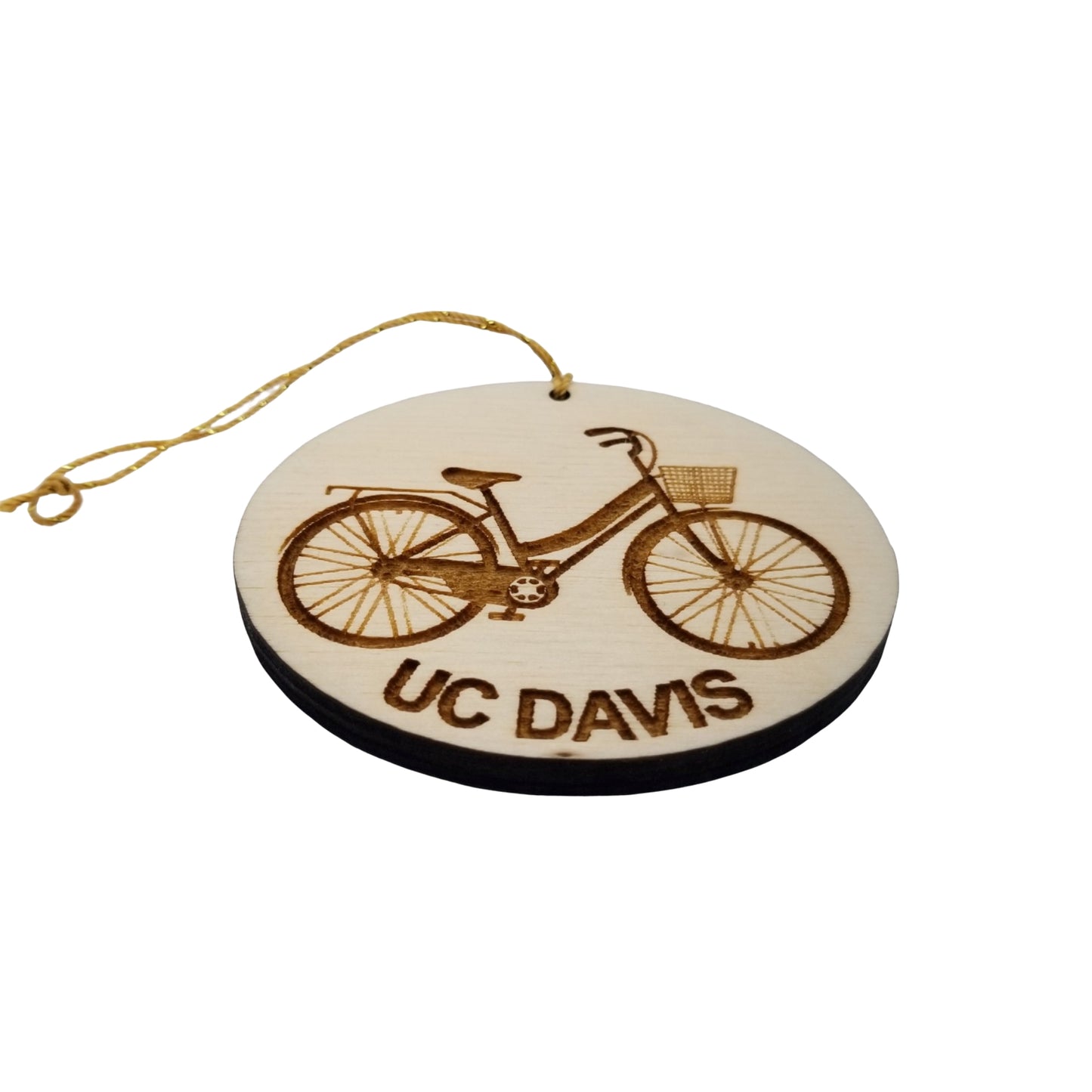 UC Davis Wood Ornament - Womens Bicycle with Basket and Bike Rack