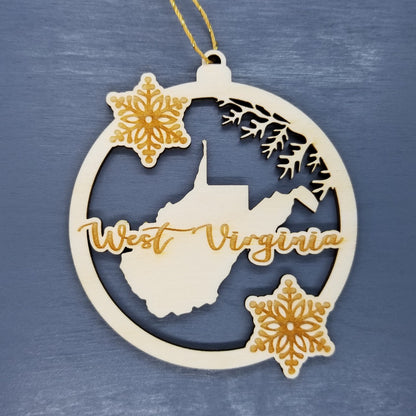 West Virginia Wood Ornament - WV State Shape with Snowflakes Cutout - Handmade Wood Ornament Made in USA Christmas Decor