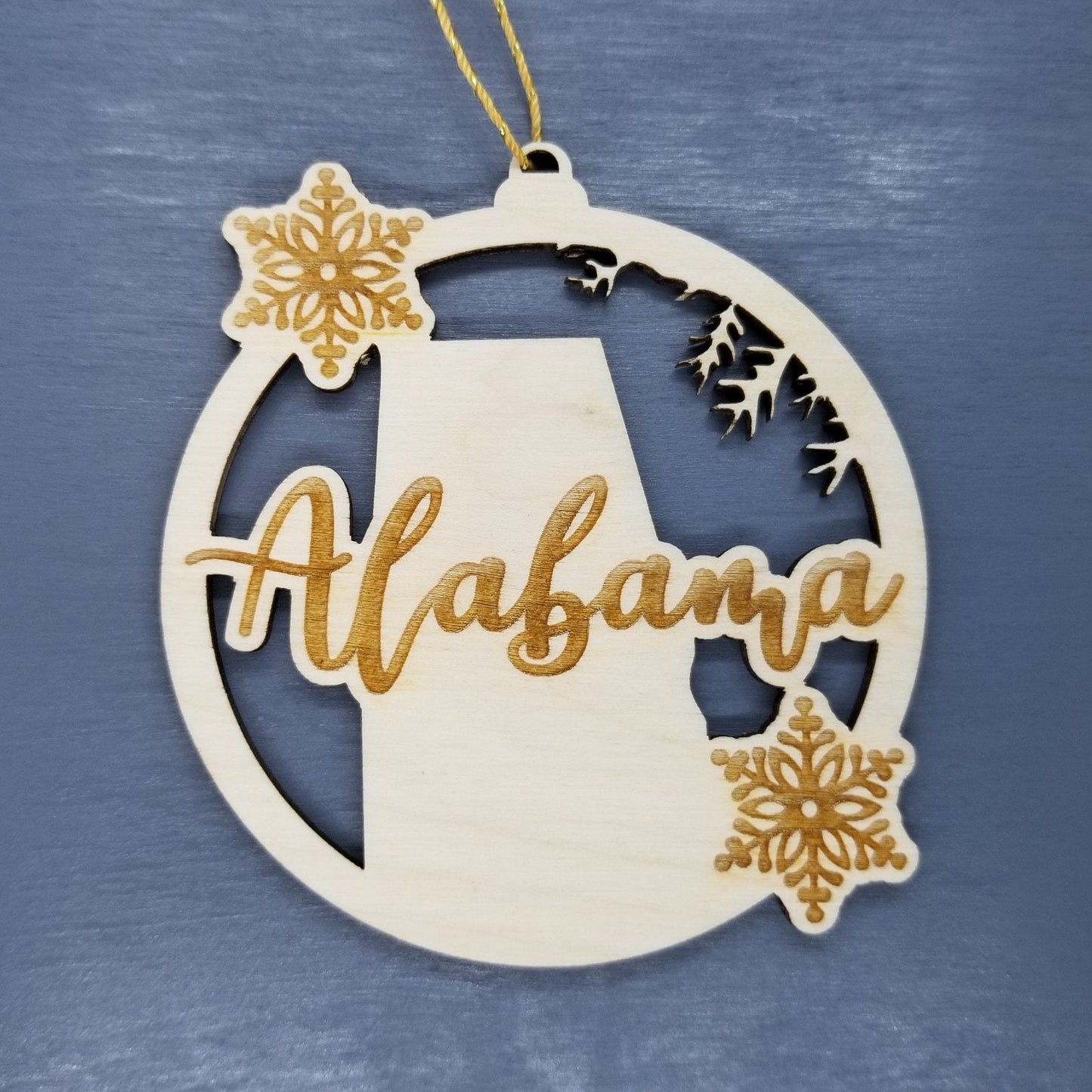 Wholesale Alabama Wood Ornament -  AL State Shape with Snowflakes Cutout - Wood Souvenir